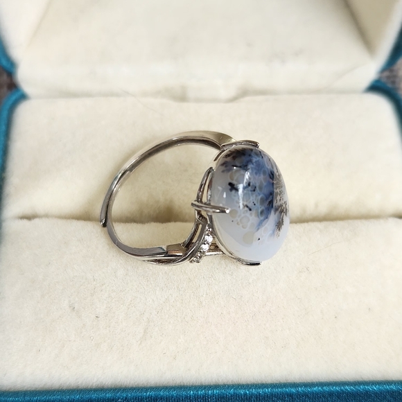 S925 Dendritic Blue agate ring adjustable size band - Picture 7 of 10